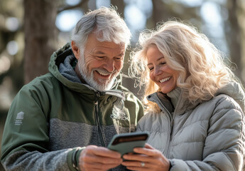 Romantic older couple with smartphone relaxing on bench In summer park, senior couple concept.