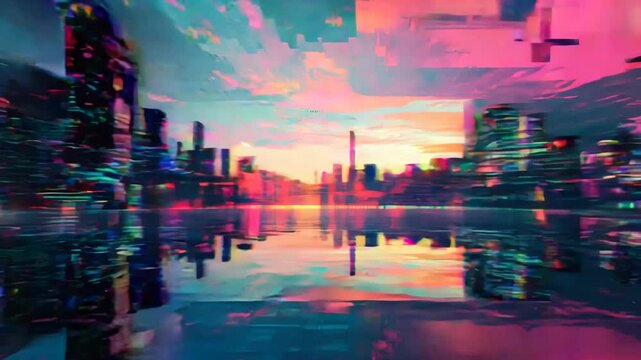 Abstract digital landscape background. Glitch, distortions and pixelization effect. Glitchy futuristic city, surreal cityscape. Cyberpunk aesthetics. Retro, retrowave, synthwave