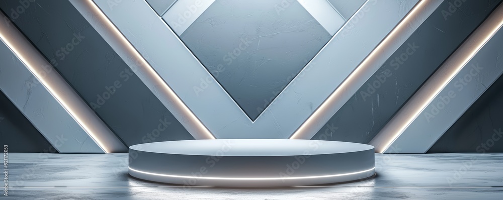 Poster a futuristic podium with sharp, angular lines and a symmetrical design, illuminated by led lights em