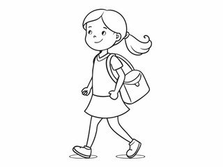 continuous single line drawing of elementary school student girl with school bag, line art vector illustration
