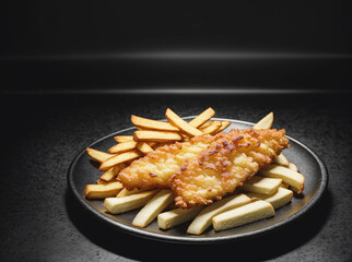 A plate of fish and fries is on a black background