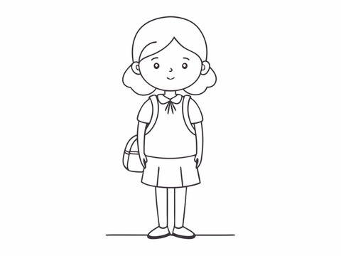 recommend clip art: continuous single line drawing of elementary school student girl with school bag, line art vector illustration
                    