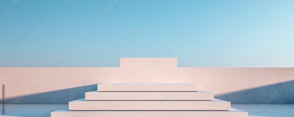 Poster a modern, floating podium design with symmetrical, overlapping layers that appear to hover above the