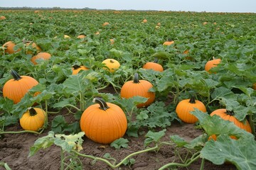 A vast pumpkin patch filled with ripe pumpkins basking under a cloudy sky in autumn