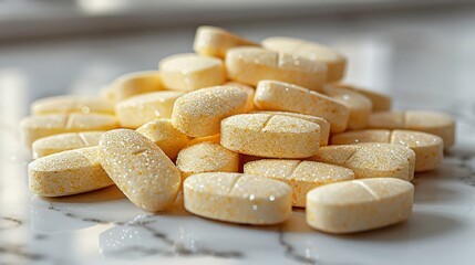 A detailed image displaying a pile of yellow tablets neatly arranged on a polished white marble background.