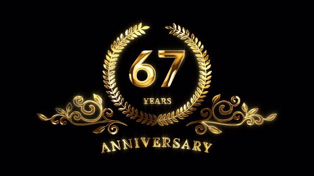 67th Anniversary Celebration. Happy 67 Years Anniversary Animation in Gold Color on the Transparent Background, Alpha Channel. Great for greetings, celebrations, events, and gifts.