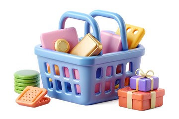 Shopping basket with groceries 3d rendered illustration. Grocery bag with product set. Time for shopping and supermarket concept. 3D Illustration
