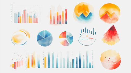watercolor of  Abstract with pastel colorful charts and graphs with statistics to analyze business potential and forecast future development of companies growth.