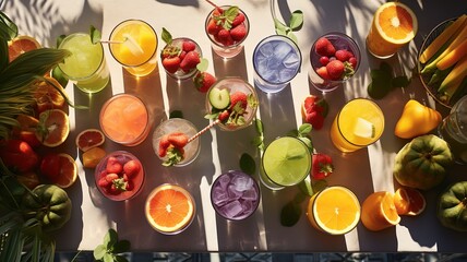 An overhead shot of a picnic table filled with various fruit shakes in unique glassware, surrounded by fresh fruits