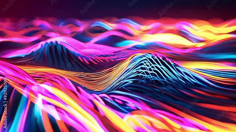 Poster an abstract visualization features flowing, colorful waves of light, creating an illusion of a vibra