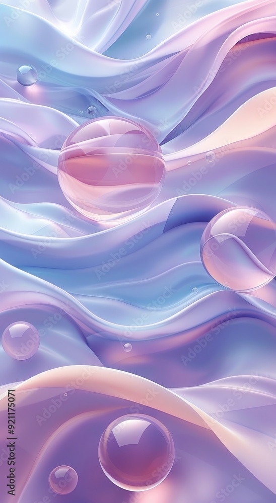 Poster abstract pastel shapes with floating spheres in a minimalistic and soothing composition
