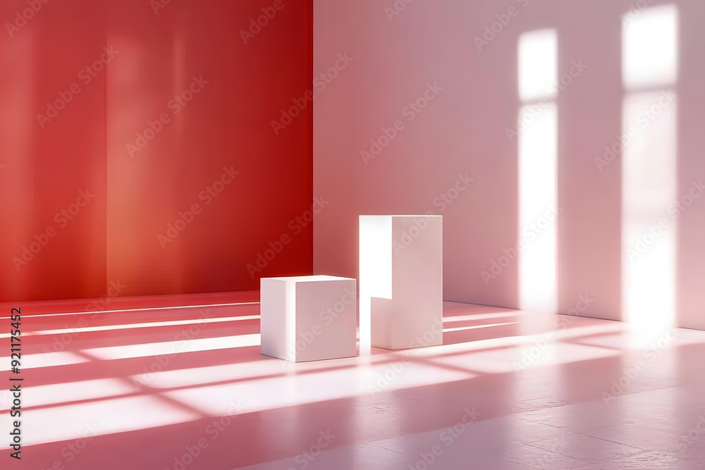 Poster minimalist white cube display platform with red and white background