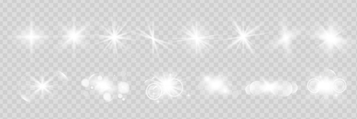 Glow isolated white transparent starlight effect set, lens flare, explosion, line, sun flash, glitter, spark and stars. Abstract special effect element design. Shine ray with lightning