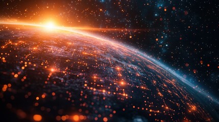 Obraz premium A futuristic view of Earth with glowing digital networks and a radiant sunrise over the horizon, symbolizing global connectivity.
