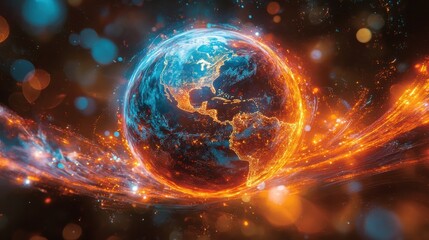 Obraz premium A vivid, close-up depiction of Earth encircled by glowing, swirling energy, highlighting the vibrant lights of continents.