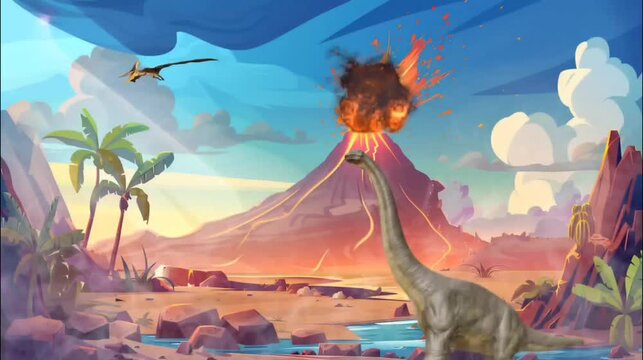 Dinosaur and Volcano Eruption in Prehistoric Landscape.  Seamless loop video background