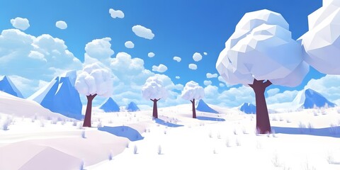 Low Poly Winter Landscape with Mountains and Trees
