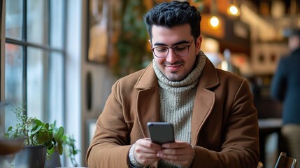 Smiling Man Using Phone in Cafe: A young man with a warm smile checks his smartphone while enjoying a relaxing moment in a cozy cafe. 