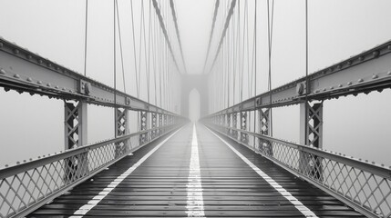 A suspension bridge extending into the fog, with a symmetrical design and textural details, emphasizing depth.