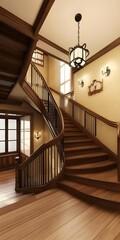 Obraz premium Elegant Wooden Staircase with Curved Handrail and Chandelier