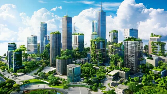 Future eco-friendly city. Sustainable architecture concept. Futuristic metropolis balancing nature and development. Biophilic design and green technology. Urban sustainability. Aerial view