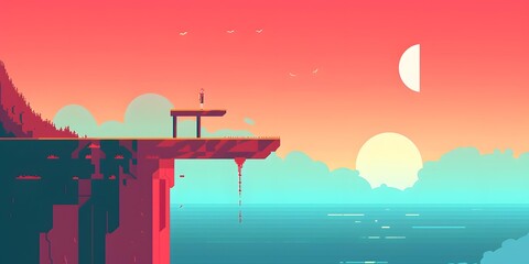 Pixel Art Illustration of a Person Standing on a Cliff Overlooking the Sea at Sunset