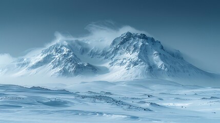 Majestic snow-capped mountains under a clear blue sky, with mist swirling around their peaks.
