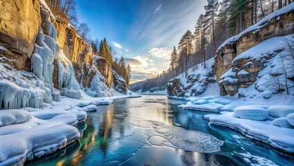 Severe winter landscape depicting an icy canyon with a frozen river, winter, landscape, icy, canyon, frozen, river, snow