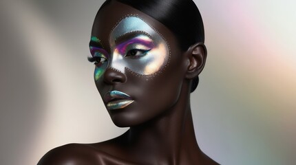 A model poses elegantly, displaying colorful and intricate facial art that highlights her features against a soft, blurred background
