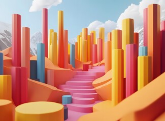 Obraz premium Abstract Colorful Geometric Shapes and Stairs 3D Illustration