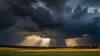 Dramatic dark storm clouds with emerging sunlight rays over a vast green field and distant horizon.