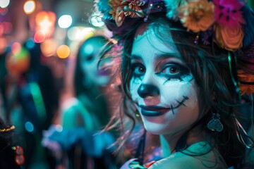 Obraz premium A woman with intricate Day of the Dead makeup and floral headdress, illuminated by colorful bokeh lights during a nighttime celebration.