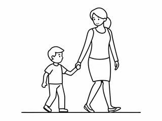 continuous single line drawing of young boy walking by the hand of his mother, line art vector illustration
