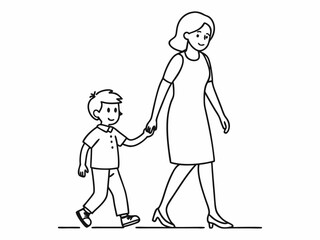 continuous single line drawing of young boy walking by the hand of his mother, line art vector illustration
