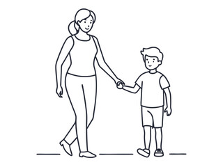 continuous single line drawing of young boy walking by the hand of his mother, line art vector illustration
