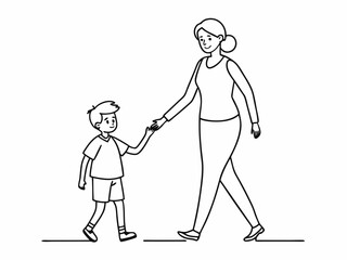 continuous single line drawing of young boy walking by the hand of his mother, line art vector illustration
