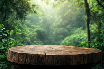 A serene forest scene featuring a rustic wooden table surrounded by lush greenery and soft, diffused light for a tranquil atmosphere.