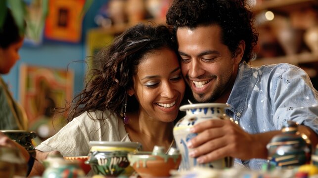 A man and woman are sitting at a table with a variety of pottery pieces