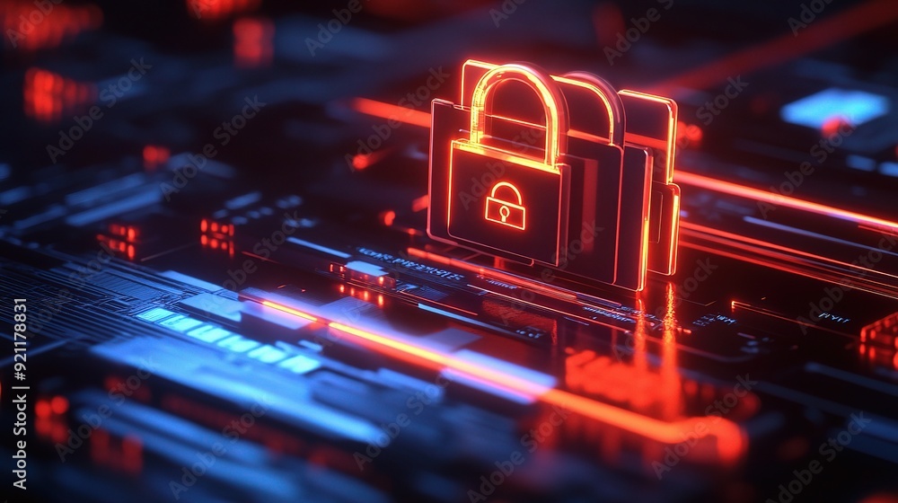 Poster cybersecurity fortress: a glowing padlock icon hovers above a futuristic circuit board, embodying di