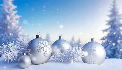 Close-up of white Christmas balls on a snowy fir branch. Christmas background with beautiful fairytale New Year decorations. Template winter Christmas picture with space for text.
