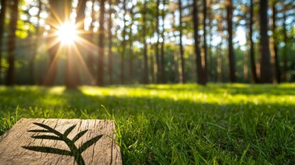 A serene forest clearing with sunlight streaming through the trees