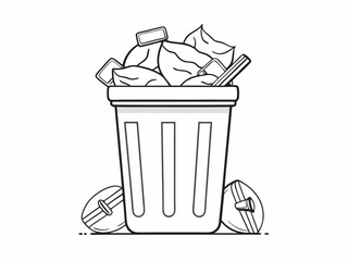 continuous single line drawing of trash can overflowing with trash bags, line art vector illustration
