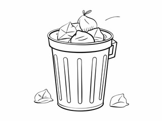 continuous single line drawing of trash can overflowing with trash bags, line art vector illustration
