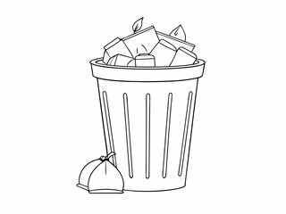 continuous single line drawing of trash can overflowing with trash bags, line art vector illustration
