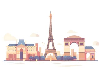 Paris Skyline Illustration with Eiffel Tower and Arc de Triomphe