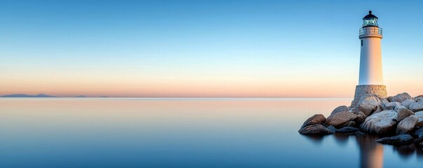 A serene image of a lighthouse on a rocky shore at sunrise