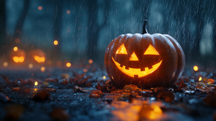 Obraz premium Rainy Halloween Night with Glowing Jack-O'-Lantern