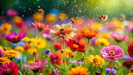 Close-up of a vibrant field of colorful flowers with pollen flying in the air , spring, garden, nature, blooming, blossoms