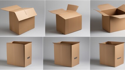 A cardboard box shown in various states sealed partially opened fully open and inside out.
