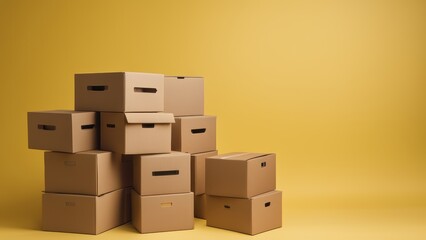 Obraz premium A stack of cardboard boxes in various sizes overlapping each other against a bright yellow background.